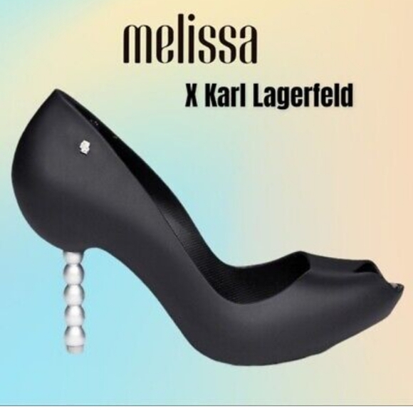 Black Melissa x Karl Lagerfeld "PEARL" Bead Peep Toe Heel Pumps US Size 7 - Picture 1 of 9